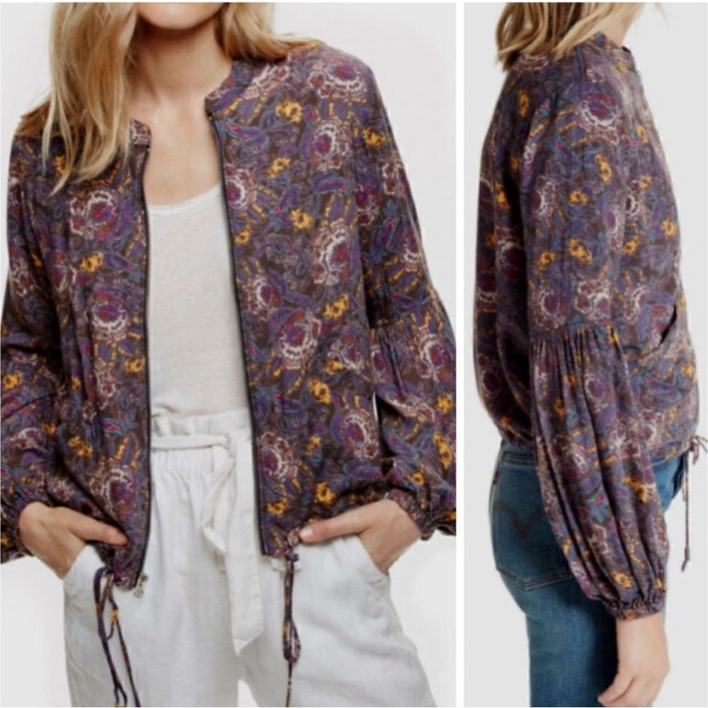 Free People Women large Balloon Sleeve Jacket Floral Full Zip Pocket Multicolor